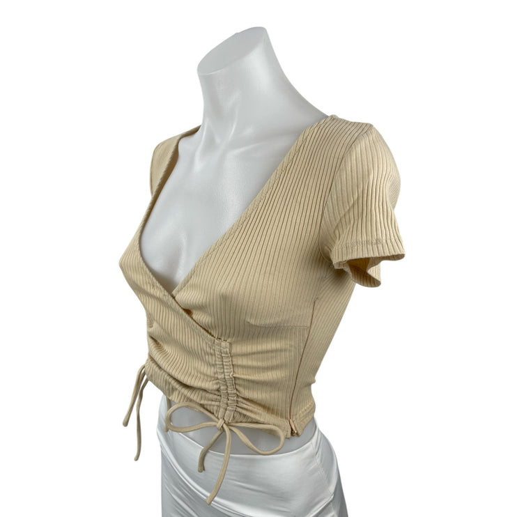 Princess Polly Carmend Beige Ribbed Ruched V Neck Suplice Wrap Crop Blouse Top 0