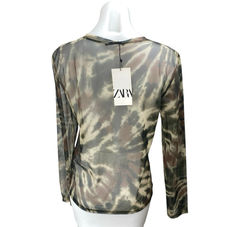 NEW Zara Multicolor Tie Dye Mesh Crewneck Long Sleeve Sheer Shirt Cover Up Top L