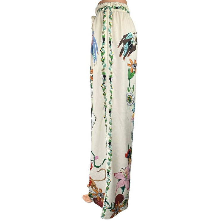 Dona Hortensia White Multicolor Silky Satin Wide Leg High Waist Trousers Pants S