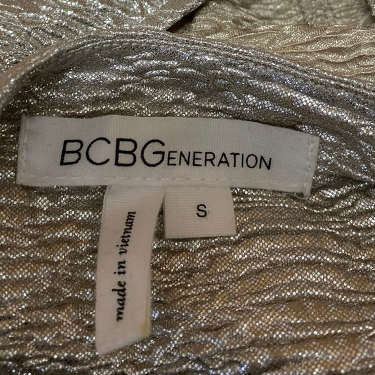 BCBGeneration Womens Beige Metallic Short Sleeve Cutout Blouse Shirt Top Size S
