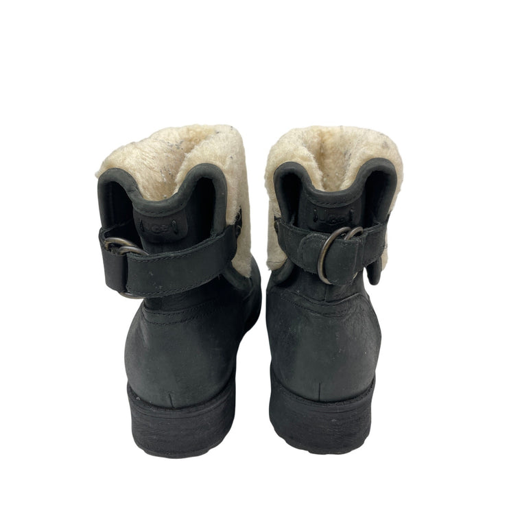 UGG Aldon Womens Black Sherpa Leather Buckle Strap Winter Snow Ankle Boots 8.5
