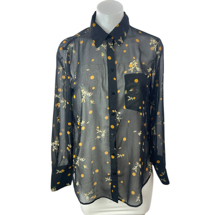 Zara Women's Black Polka Dots Leaf Mesh Sheer Long Sleeve Button Up Shirt Top M