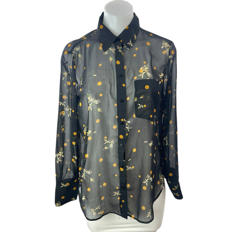Zara Women's Black Polka Dots Leaf Mesh Sheer Long Sleeve Button Up Shirt Top M