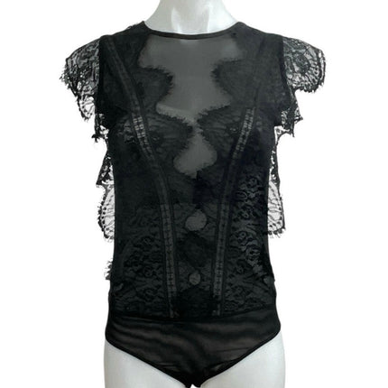 Zara Women's Black Lace Sheer Mesh Ruffle High Neck Cap Sleeves Bodysuit Top S