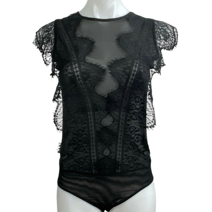 Zara Women's Black Lace Sheer Mesh Ruffle High Neck Cap Sleeves Bodysuit Top S