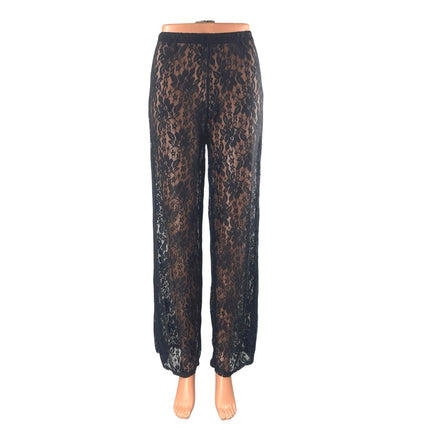 NEW PrettyLittleThing Black Floral Lace Sheer Wide Leg Trousers Pants Size 4
