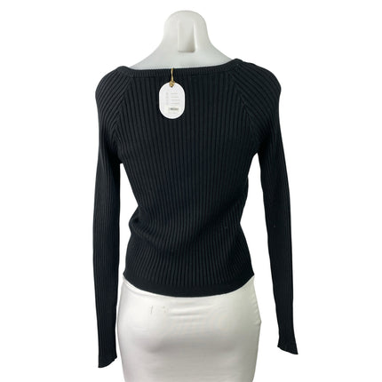 NEW Womens Black Ribbed Knit Long Sleeve Tie Neck Pullover Sweater Top Size M