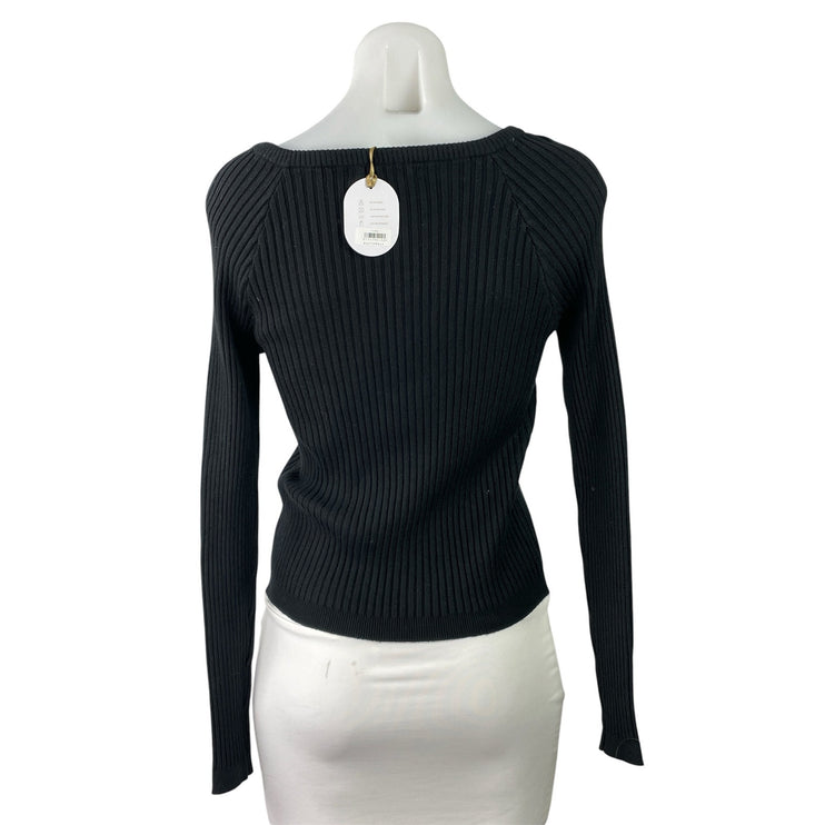 NEW Womens Black Ribbed Knit Long Sleeve Tie Neck Pullover Sweater Top Size M