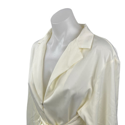 Commense Women's White Satin Long Sleeve Tie Front Shirt Tunic Wrap Blouse Top S