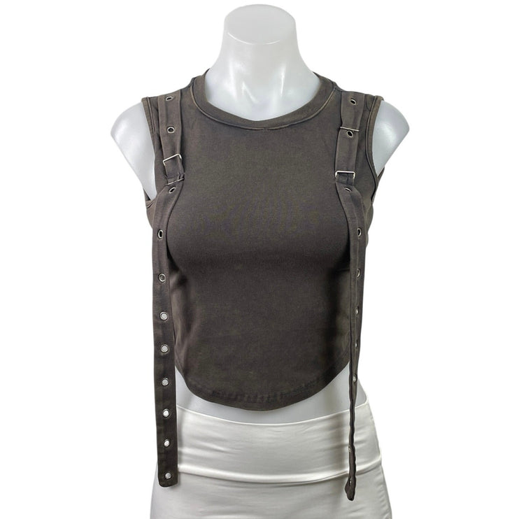 Barcode Gray Knitted Belted Shoulder Sleeveless Crew Neck Crop Tank Top Size S