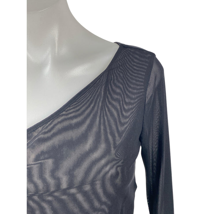 Silence & Noise Black Mesh Asymmetical One Shoulder Long Sleeve Blouse Top Sz S