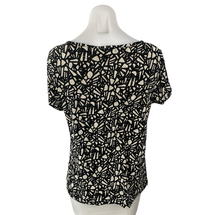 80 Park Black Geometric Round Neck Keyhole Short Cap Sleeve T-Shirt Blouse Top L