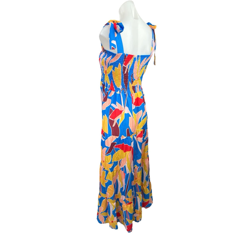 Women's Blue Multicolor Floral Smocked Ruffle Tiered A Line Maxi Dress Size XL