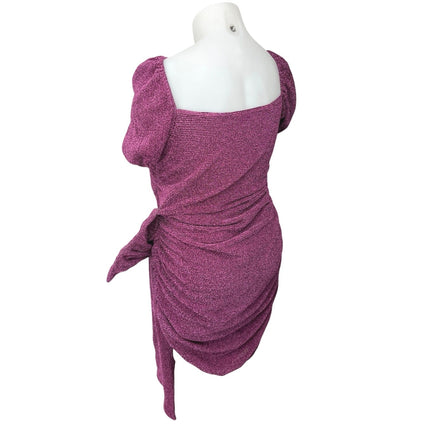 PrettyLittleThing Purple Metallic Sparkly Bow Tie Puff Sleeve Mini Dress Size 16