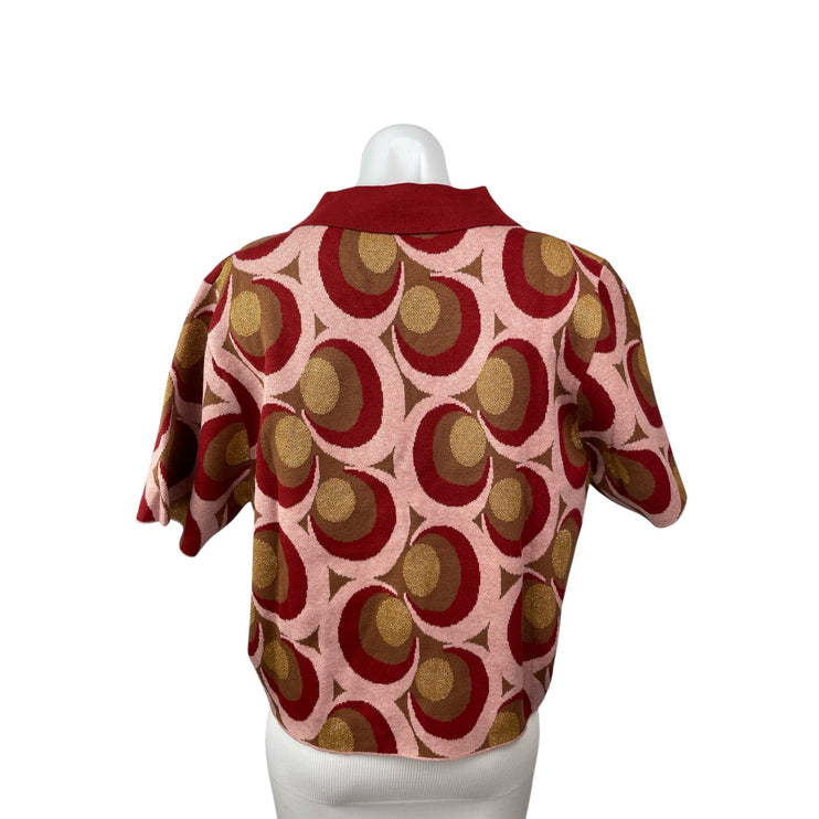 Cider Women's Red Geometric Short Sleeve Knit Polo Shirt Sweater Top Size 3XL
