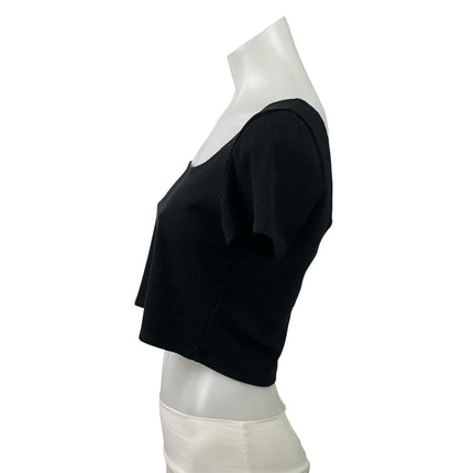 Reformation Women's Black Ribbed Knit Square Neck Short Sleeve Crop Top Size L