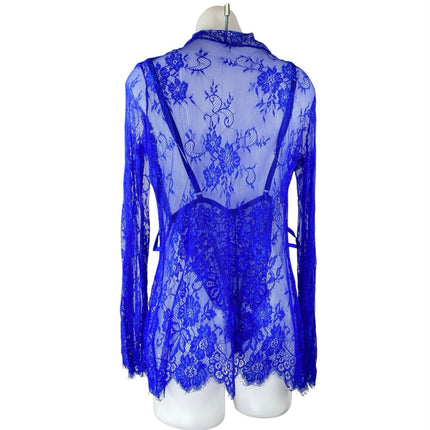Women's Blue Floral Lace Deep Neck Chiffon Sheer 2-Piece Lingerie Matching Set L