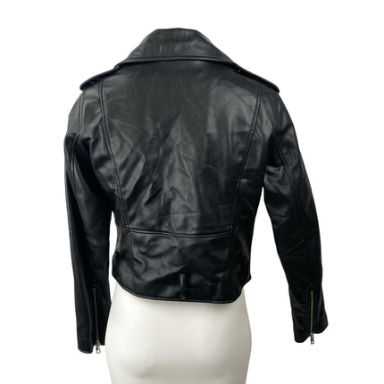 Zara Black Faux Vegan Leather Notch Collar Long Sleeve Moto Biker Coat Jacket M