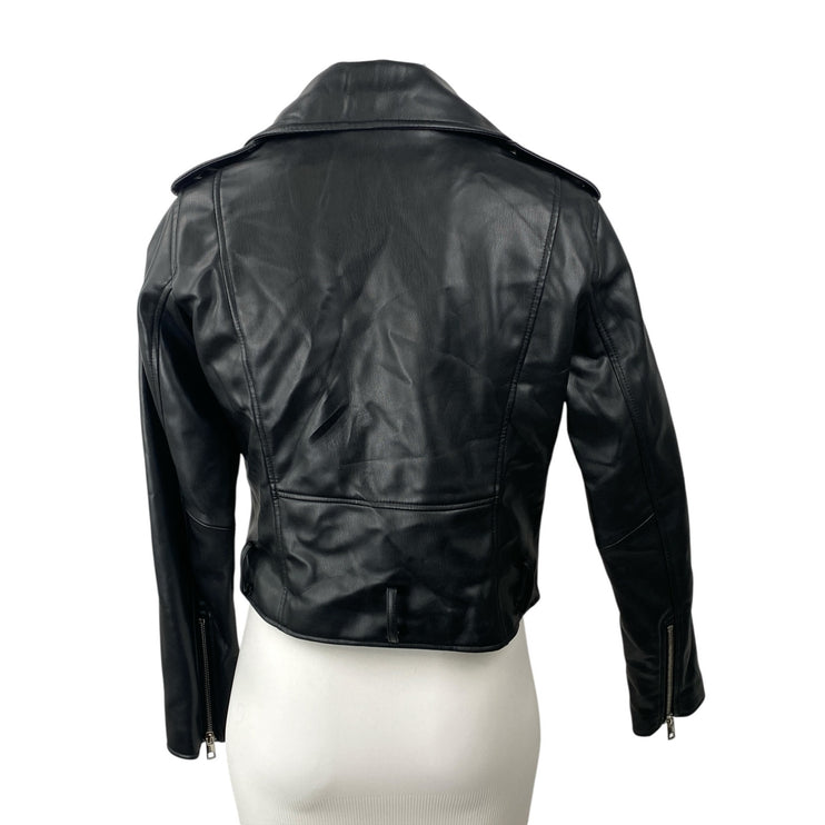 Zara Black Faux Vegan Leather Notch Collar Long Sleeve Moto Biker Coat Jacket M
