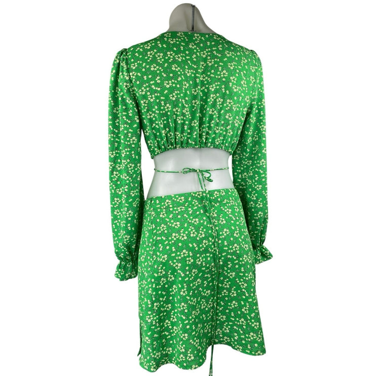 Princess Polly Charlie Green Floral Deep V Neck  Wrap Top Mini Flare Skirt Set 4