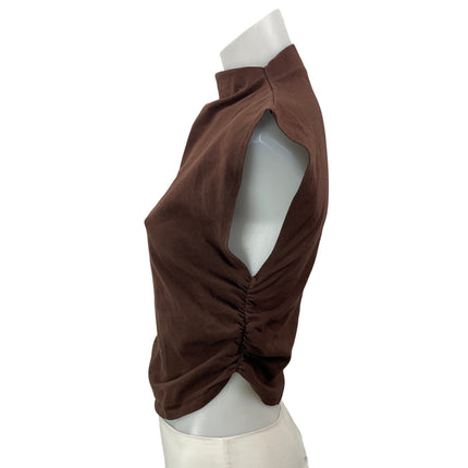 Reformation Brown Sleeveless Ruched Shoulder Pads Mock Neck Crop Tank Top Size M