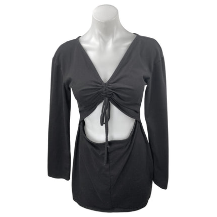 H:ours Black Long Sleeve Tie V Neck Ruched Cutout Waist Mini Bodycon Dress Sz M