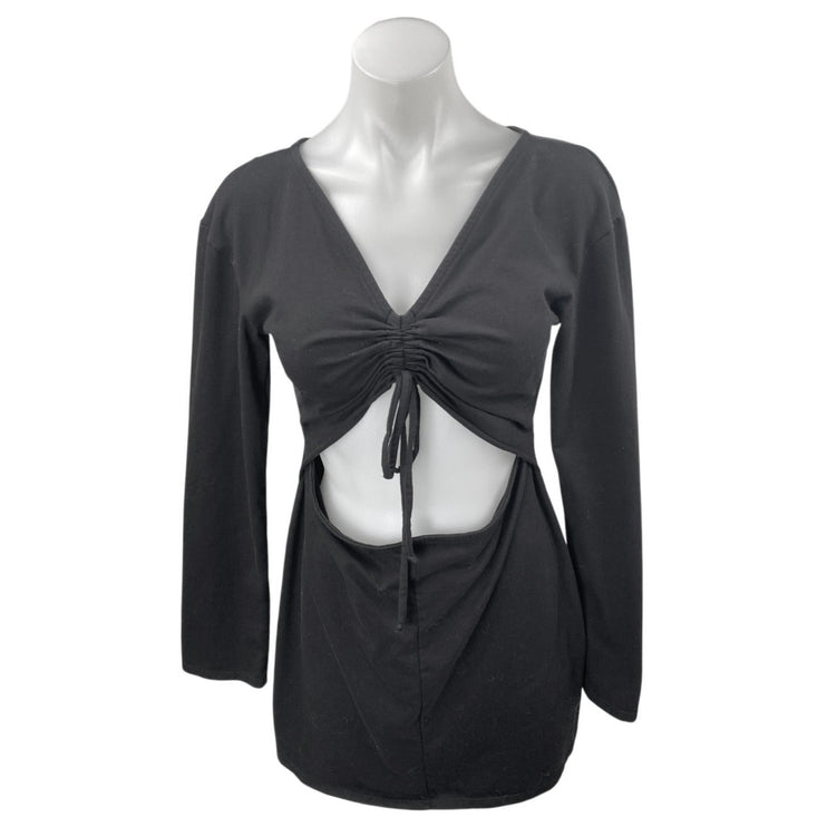 H:ours Black Long Sleeve Tie V Neck Ruched Cutout Waist Mini Bodycon Dress Sz M