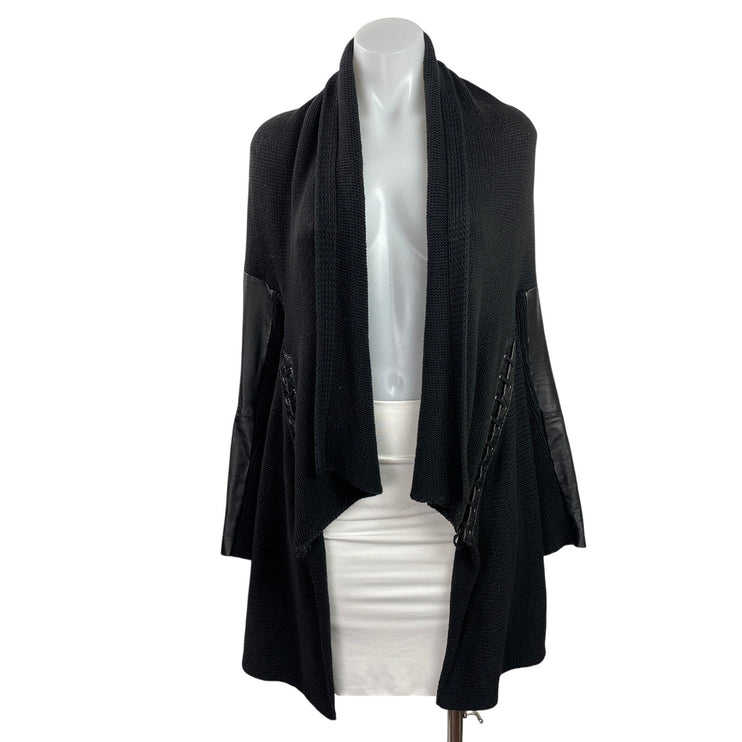 Maje Womens Black Knit Leather Long Sleeve Draoed Open Front Cardigan Sweater 3