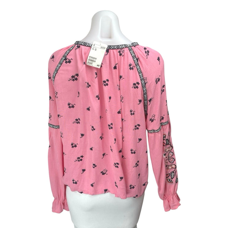 NEW H&M Pink Floral Tassel Tie Long Balloon Sleeve Boho Blouse Top Size 10