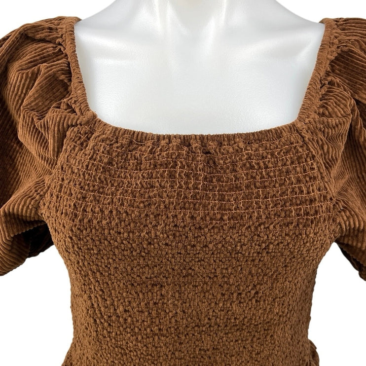 American Eagle Brown Corduroy Peplum Smocked Velvet Velour Crop Top Blouse Sz L