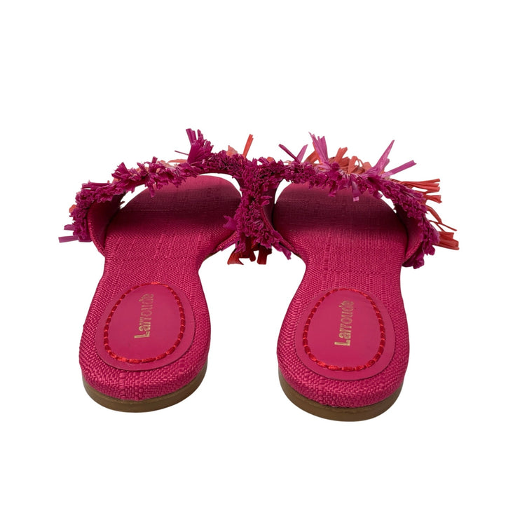 NEW Larroude Raffia Pink Orange Color Block Fringe Round Toe Flats Slides Sz 7