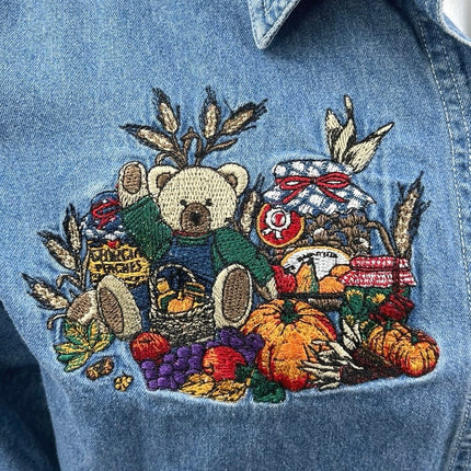 Bobbie Brooks Women’s Blue Teddy Pumpkin Embroidered Button Up Denim Shirt Top L