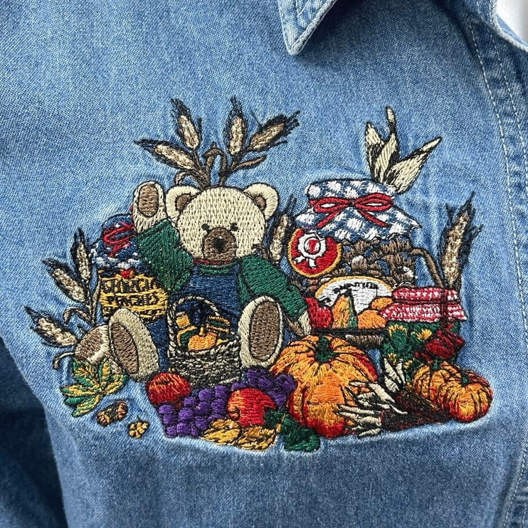 Bobbie Brooks Women’s Blue Teddy Pumpkin Embroidered Button Up Denim Shirt Top L