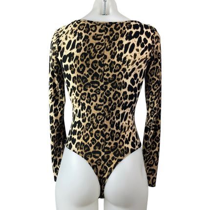 Day & Night Beige Black Leopard Long Sleeve Ring Plunge Bodysuit Top Size S