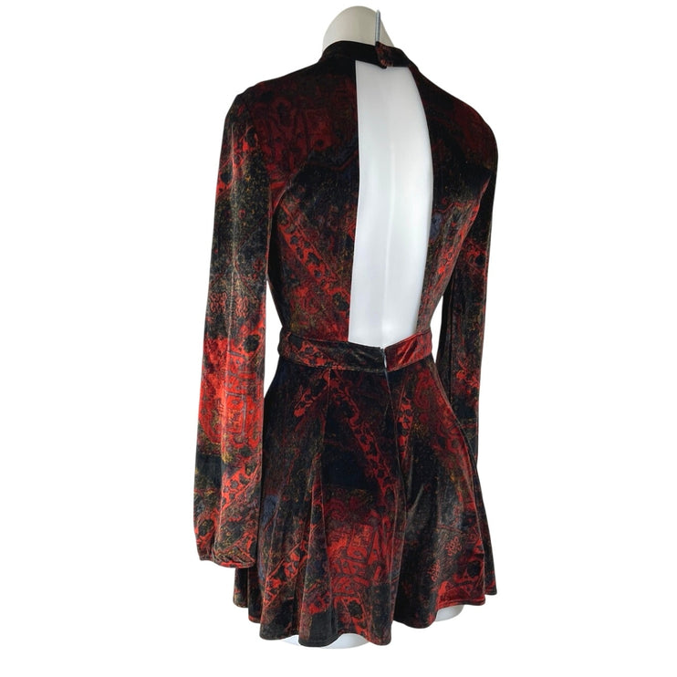 Free People Onyx Red Black Velvet Velour Cutout Long Sleeve Jumpsuit Romper 0