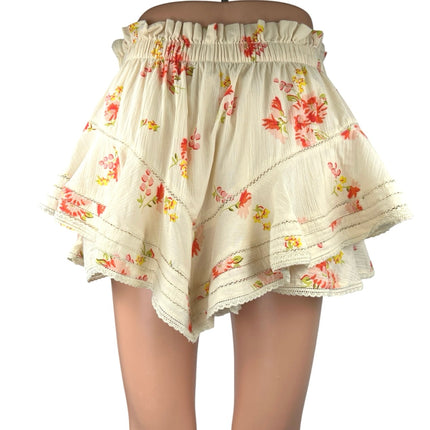 Aerie Rock  n Ruffle Cream Orange Floral Elastic Waist Paperbag Skort Skirt Sz S