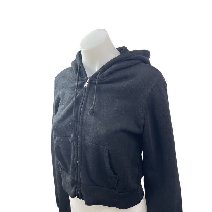 Brandy Melville Women's Black Fleece Full Zip Hoodie Cropped Sweatshirt Top S/M