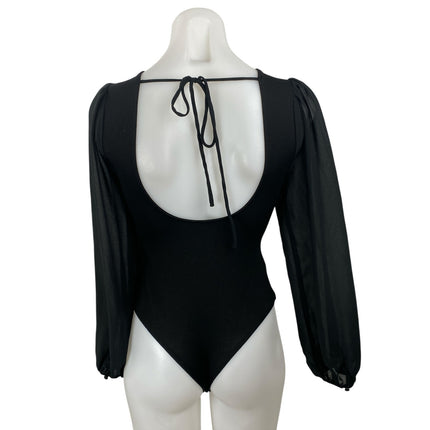 Lulus Women's Black Long Sleeve Mesh Notch V Neck Open Back Bodysuit Top Size XS