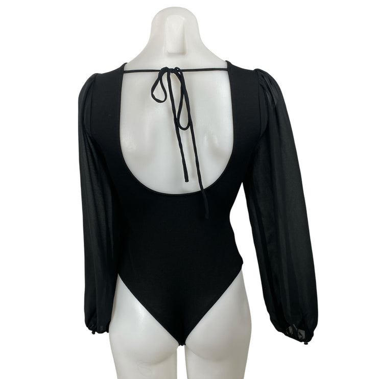 Lulus Women's Black Long Sleeve Mesh Notch V Neck Open Back Bodysuit Top Size XS