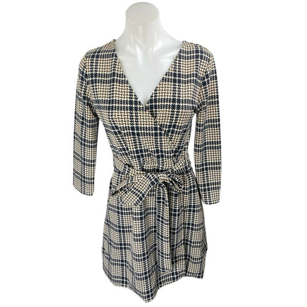Lands' End Brown Houndstooth Plaid Faux Wrap Belted Mini A-line Dress Size 6-8