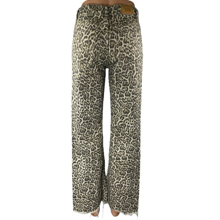 STR Teen Beige Black Leopard Straight Frayed Loose Raw Hem Denim Jeans Size 2