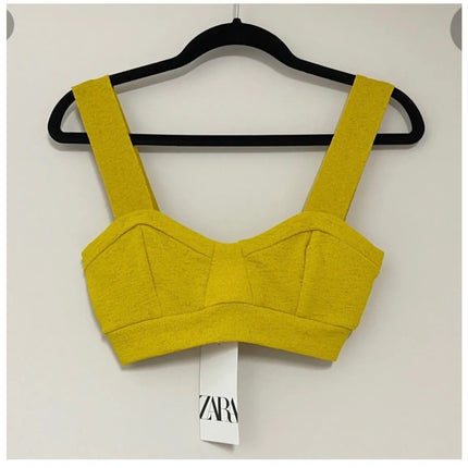 Zara Yellow Textured Knit Sweetheart Neck Pullover Corset Bralette Crop Top Sz S