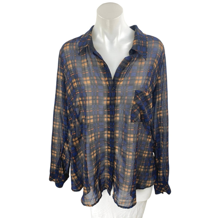 Forever 21 Women's Long Sleeve Plaid Sheer Mesh Button Up Shirt Top Size 1X