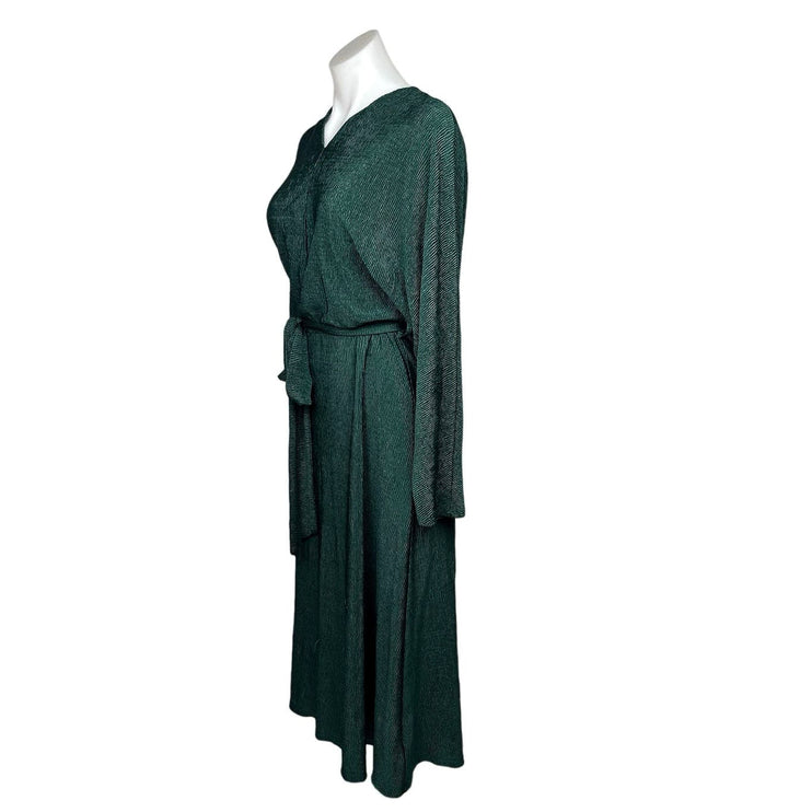 All in Favor Emerald Green V Neck Long Sleeve Crinkle Tie Waist Midi Dress Sz S