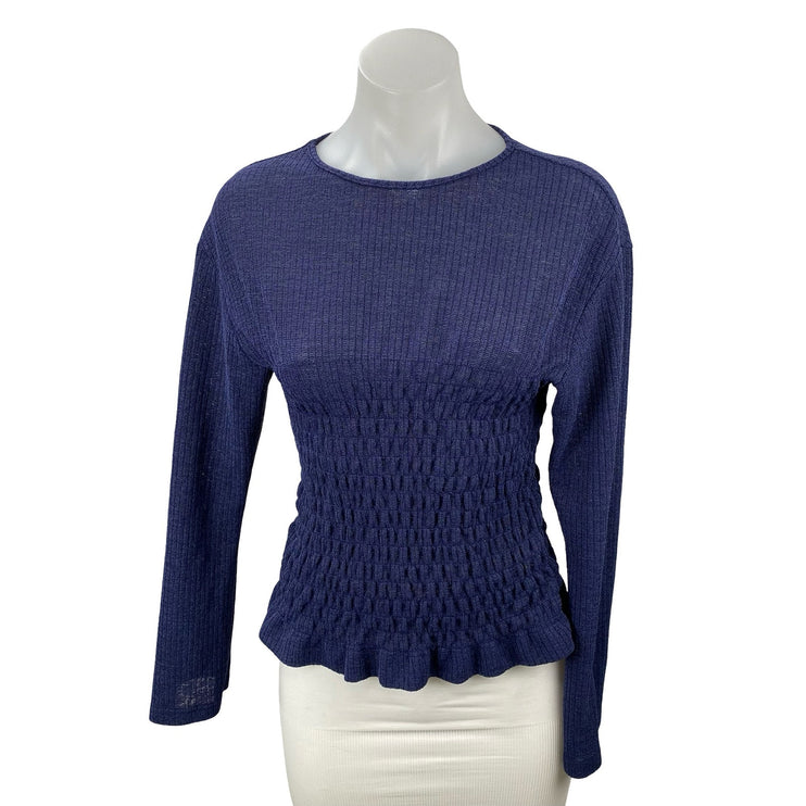 Princess Polly Women's Navy Blue Ribbed Knit Smocked Long Sleeve Sweater Top 2