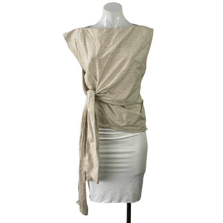 Zara Womens Beige Linen Blend Cap Sleeve Draped Tie Knot Front Blouse Top Size S