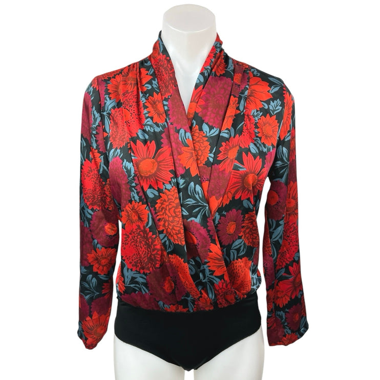 Zara Red Black Multicolor Floral Silky Satin Long Sleeve Wrap Bodysuit Top Sz S