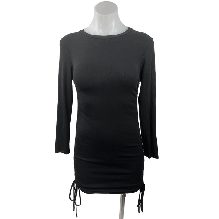 BB Dakota Black Ribbed Knit Ruched Long Sleeve Stretch Mini Bodycon Dress Sz XS