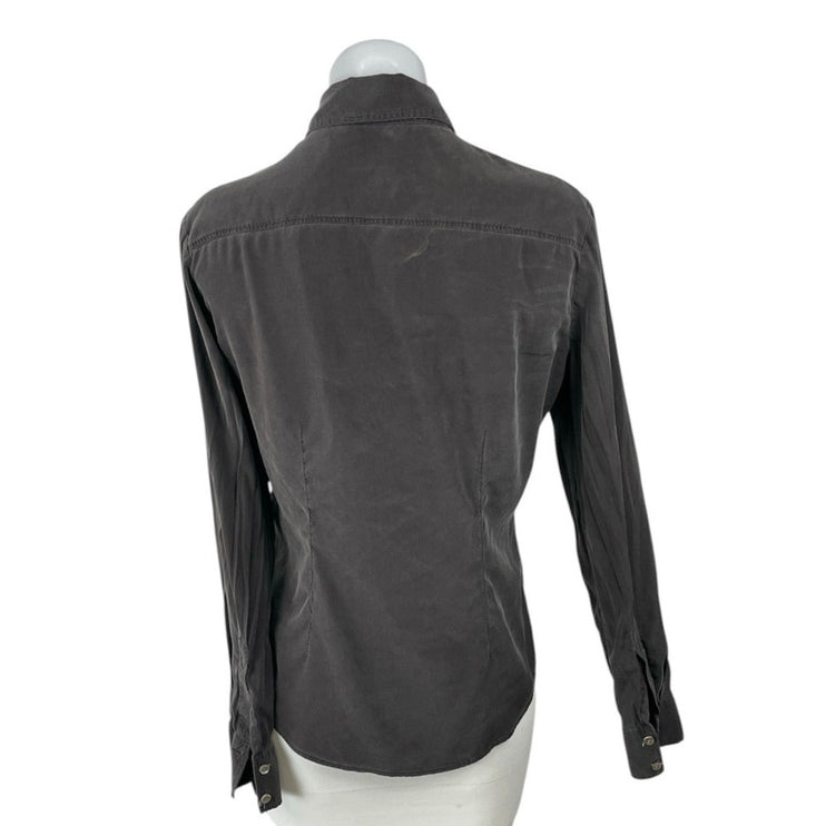 Theory Tenia Women's Gray Silk Collared Long Sleeve Button Up Shirt Blouse Top M
