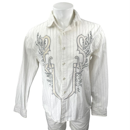 Southpole Men's White Embroidered Stripe Long Sleeve Button Up Dress Shirt Top L
